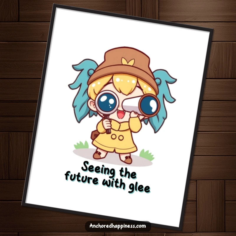 Free Printable Wall Art: A cute character excitedly gazes through a spyglass, symbolizing ambition and future possibilities.