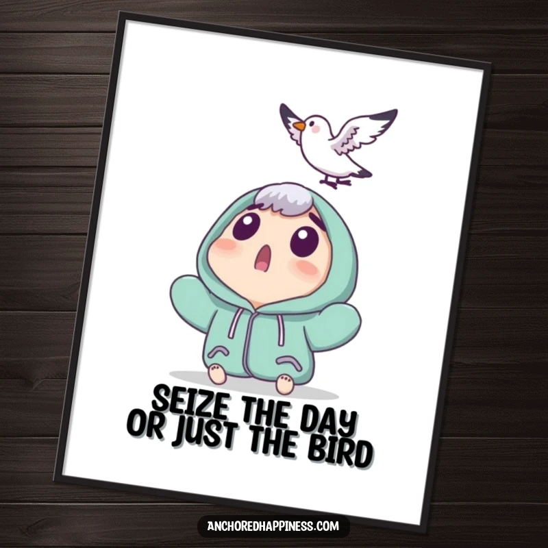 Funny Free Printable Wall Art: Character looking up surprised as a tiny seagull lands, humorous downloadable art.