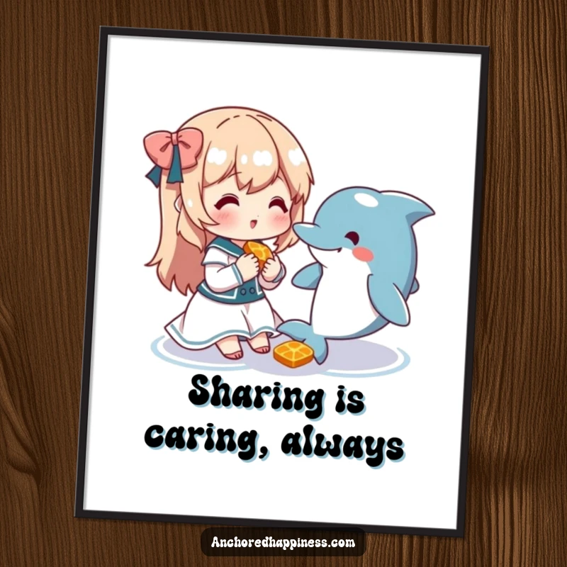 Free Printable Wall Art: A cute character and friendly dolphin share a snack, embodying friendship and gentle water vibes.