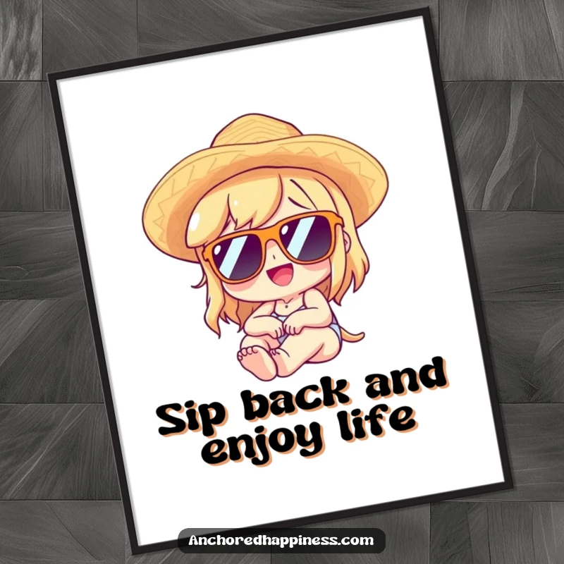 Funny Free Printable Wall Art: Character in sunglasses and straw hat lounges with pure delight, embodying relaxation.