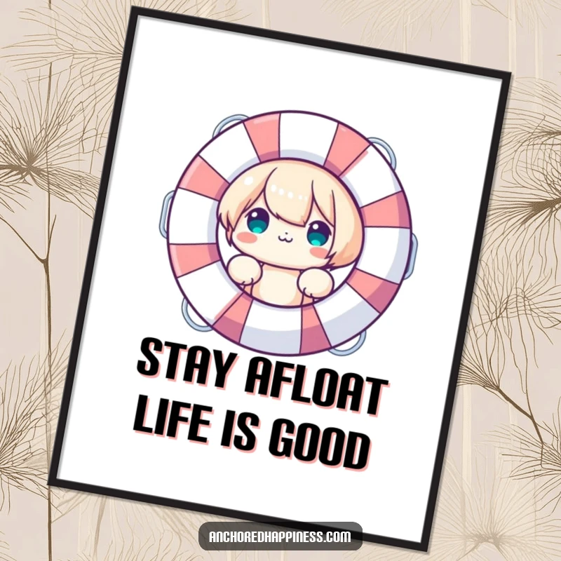 Funny Free Printable Wall Art: Cute character peeking playfully from behind a large, inviting life preserver.