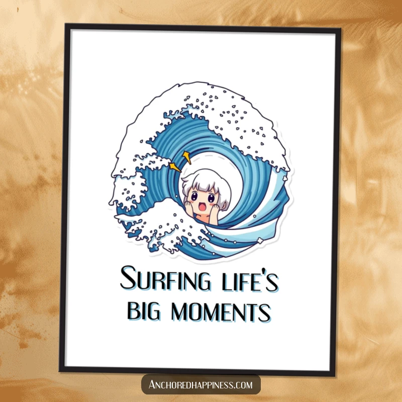 Funny Free Printable Wall Art: Cute character looking surprised and a bit worried by a giant, cresting wave.