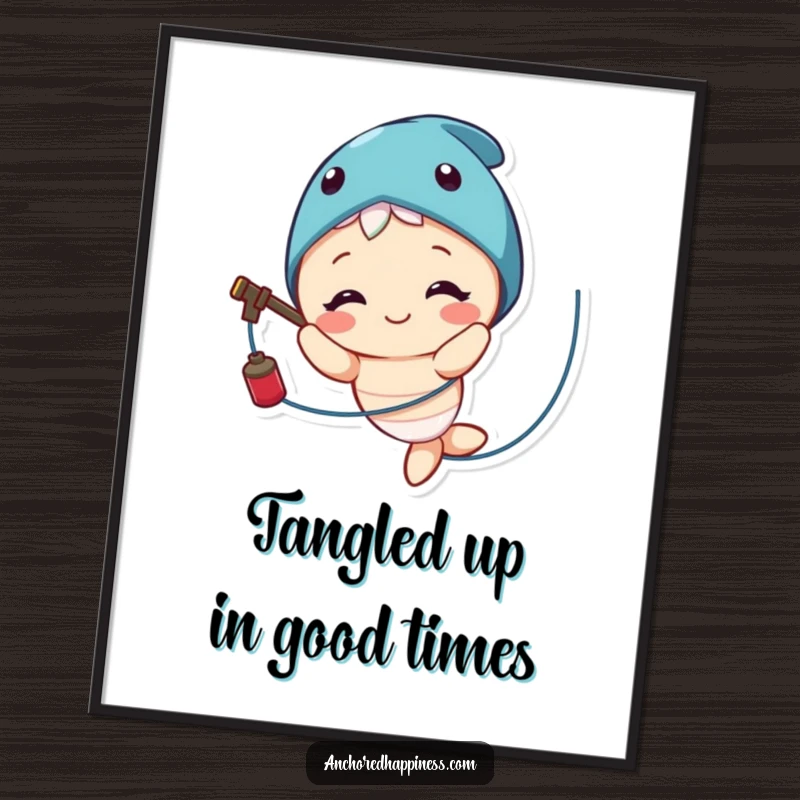 Funny Free Printable Wall Art: A smiling character comically ensnared in fishing line, adding playful chaos to your decor.