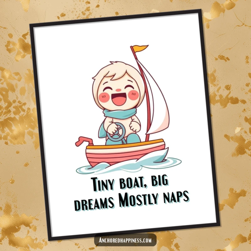 Funny Free Printable Wall Art: A beaming character giggles uncontrollably while steering a tiny, toy sailboat.