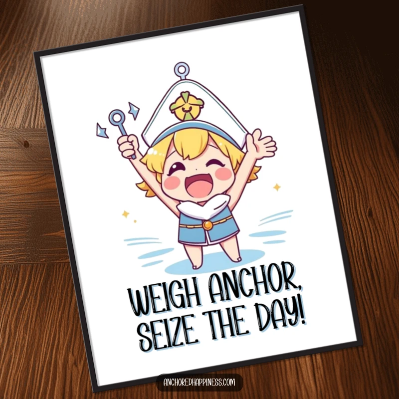 Funny Free Printable Wall Art: Excited character cheering, holding a tiny anchor aloft, nautical humor, quirky downloadable decor.