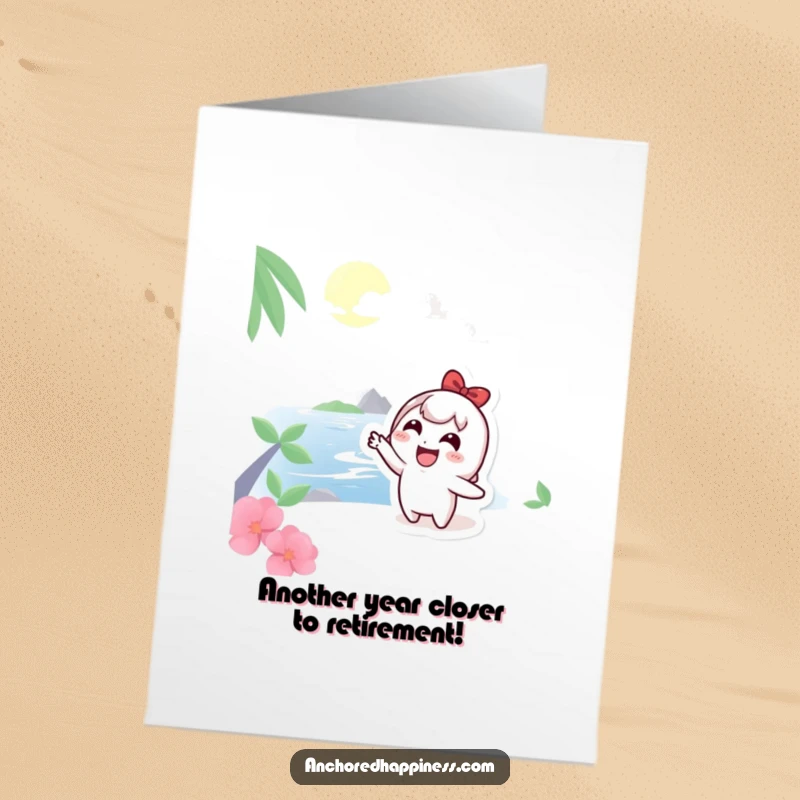 Funny Free Printable Birthday Card featuring a cute character joyfully pointing towards a tropical island paradise.