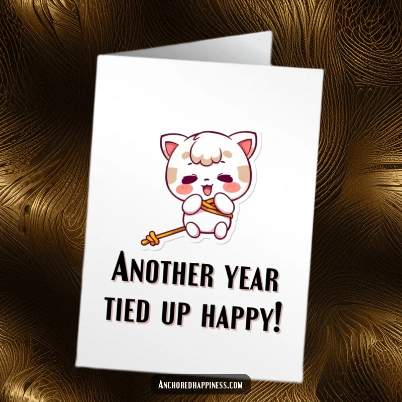 Funny Free Printable Birthday Card: Kawaii character hilariously tangled in a rope, adding a chaotic and humorous touch to their special day.