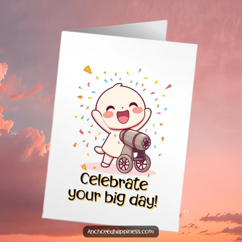 Funny Free Printable Birthday Card: Joyful character blasts colorful confetti from a small cannon, celebratory fun.