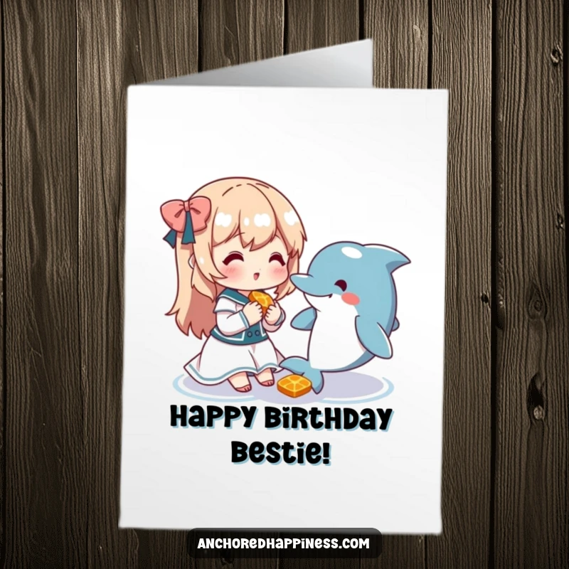 Free Printable Birthday Card: A cute character shares a snack with a happy dolphin, celebrating friendship and joy.