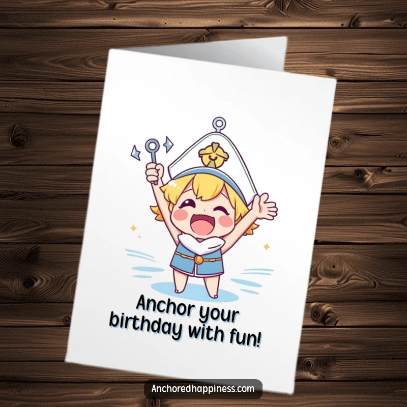 Funny Free Printable Birthday Card: Excited character cheering, holding a tiny anchor, shouting with joy, downloadable celebration.