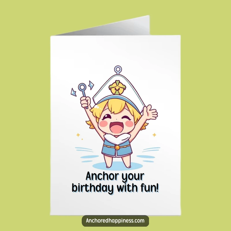 Free Printable Birthday Card: Funny Anchor Character Cheering, Perfect Downloadable Gift
