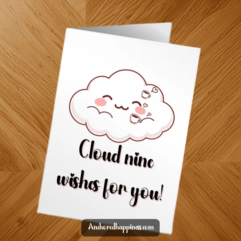 Funny Free Printable Birthday Card: A happy cloud exhaling tiny coffee cups with a smiling face, perfect for coffee lovers.