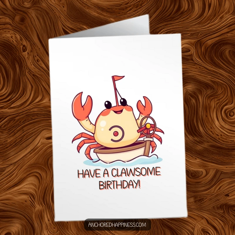 Funny Free Printable Birthday Card: A crab joyfully steering a tiny yacht with its pincers, celebrating a birthday at sea.