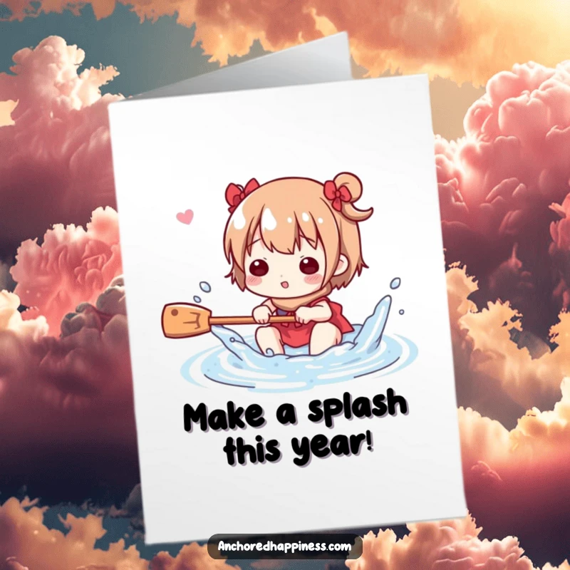 Funny Free Printable Birthday Card: Cute character playfully splashing water with a tiny oar, celebrating a fun occasion.