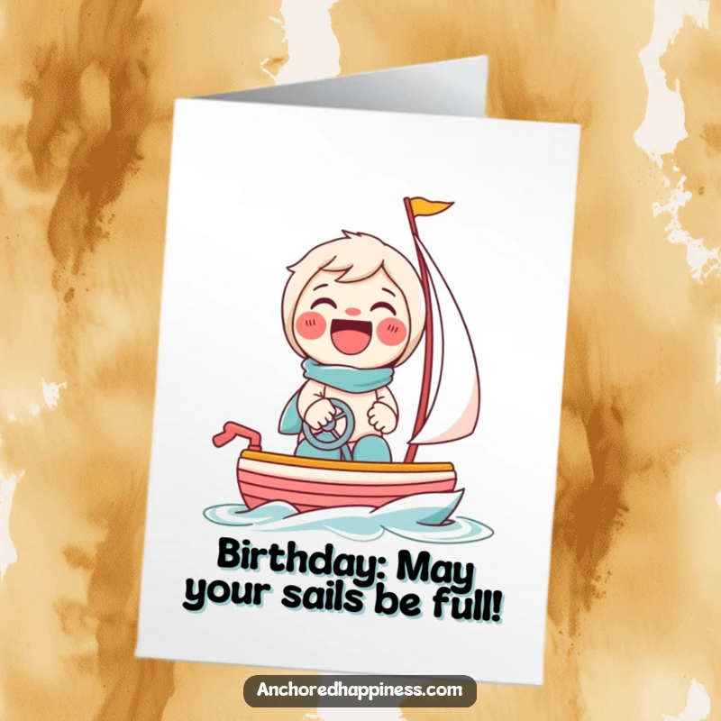 Funny Free Printable Birthday Card: Beaming character giggling while steering a tiny toy sailboat, full of birthday joy.