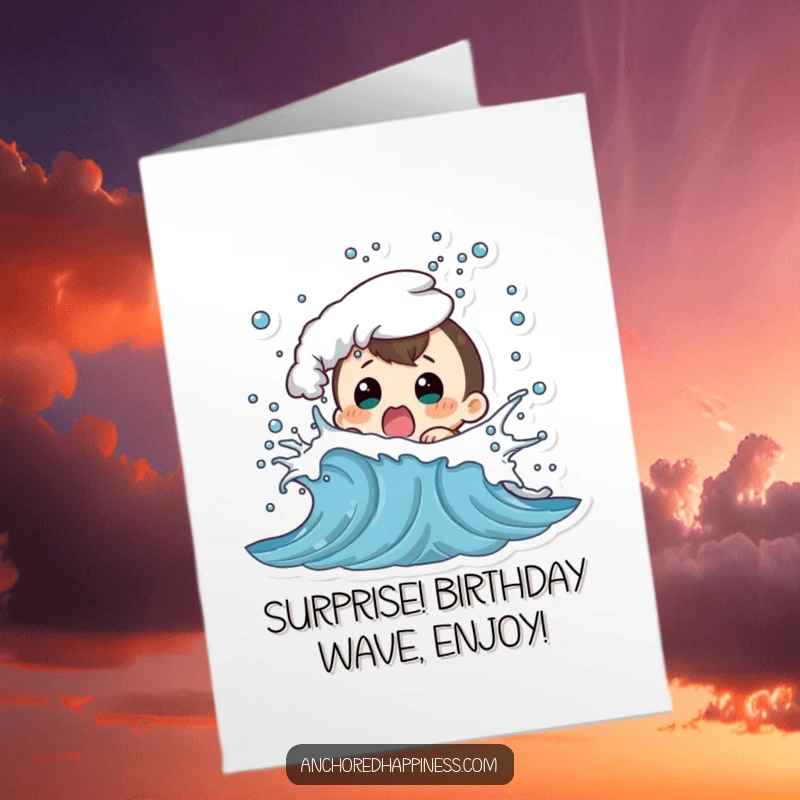 Funny Free Printable Birthday Card: Character shocked by a playful wave splashing them, a hilarious birthday surprise.