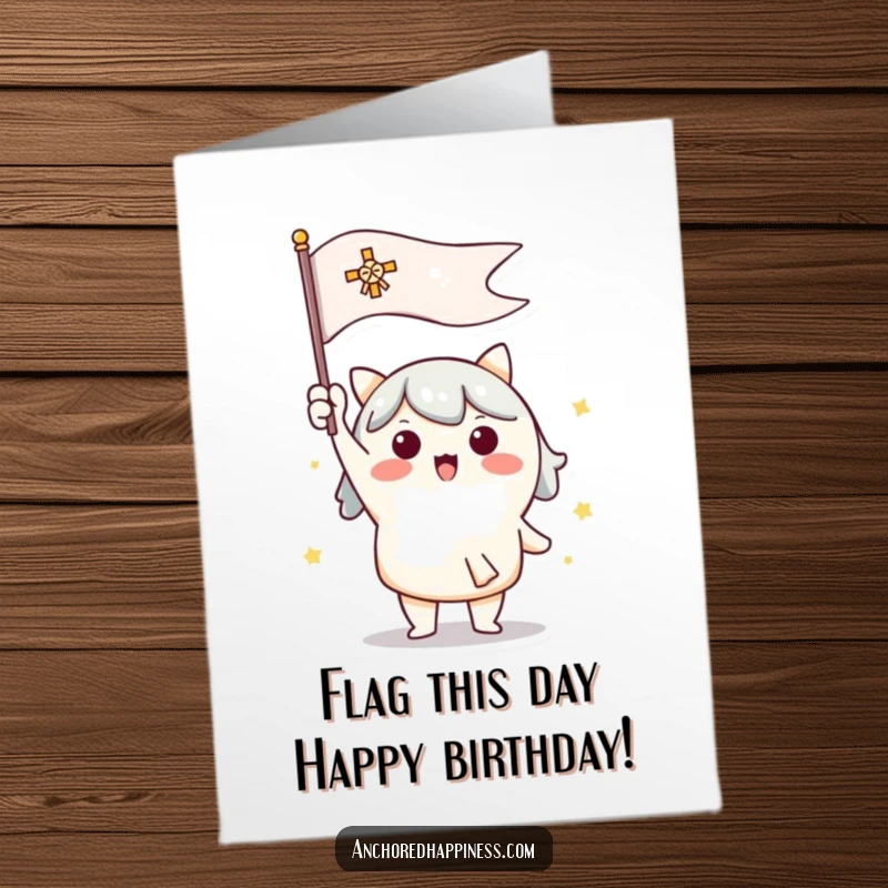 Funny Free Printable Birthday Card: Cute character enthusiastically raises a bright signal flag, signaling celebration.