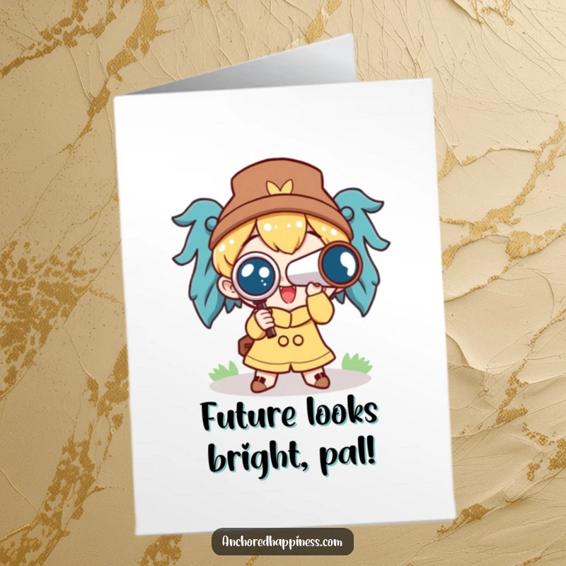 Free Printable Birthday Card: A cute character eagerly peers through a spyglass, anticipating exciting birthday adventures ahead.