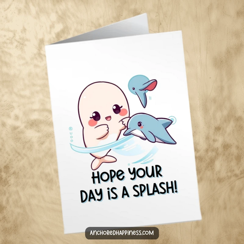 Funny Free Printable Birthday Card: surprised kawaii character pointing at a passing dolphin, a moment of wonder.