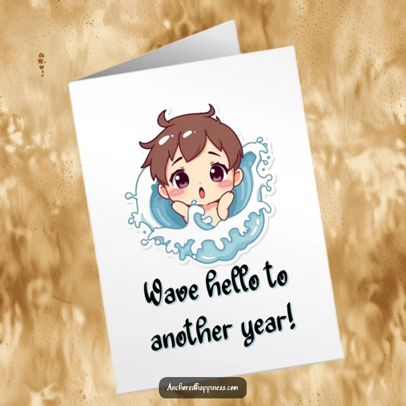 Funny Free Printable Birthday Card: Surprised character getting splashed by a playful ocean wave, perfect for a humorous greeting.