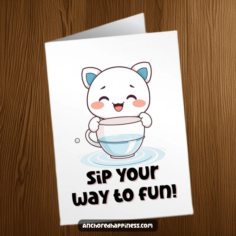 Funny Free Printable Birthday Card: Grinning character humorously bailing water from a boat with a miniature teacup.