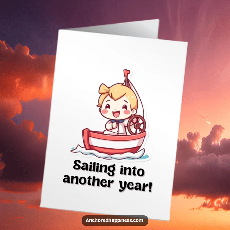 Funny Free Printable Birthday Card: Tiny grinning sailor joyfully steers a miniature sailboat, ready for adventure.