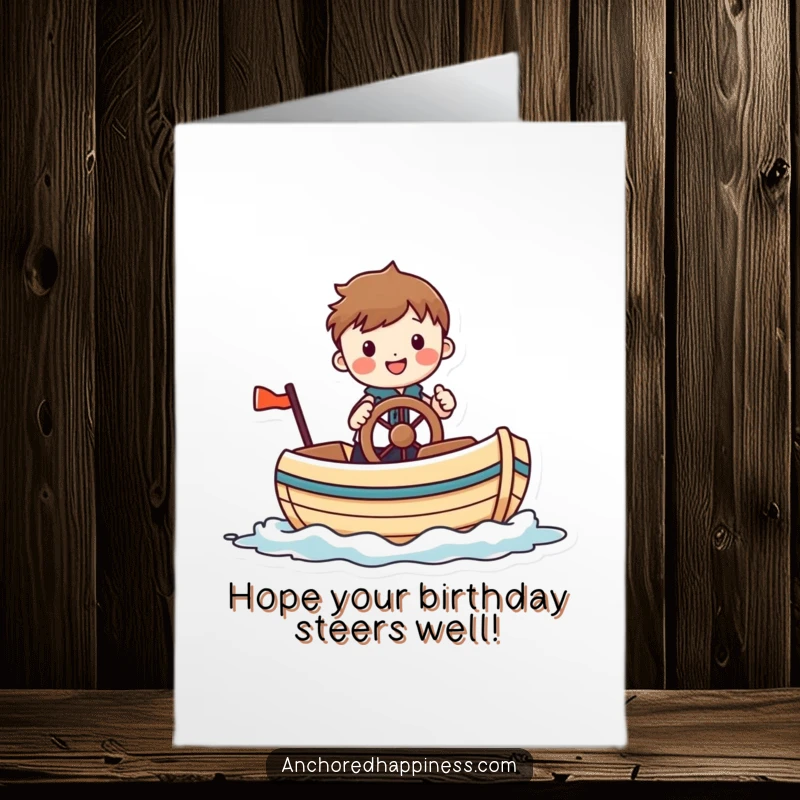 Funny free printable birthday card showing a cheerful figure comically steering a small whimsical boat, navigating towards a happy celebration.