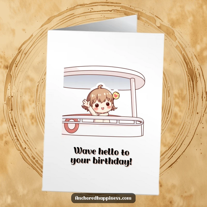 Funny free printable birthday card showing a charming figure enthusiastically waving from a boat deck, celebrating a birthday adventure.