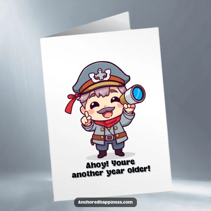 Funny Free Printable Birthday Card: Captain Character peeking through spyglass, ready to celebrate your special day with humor.