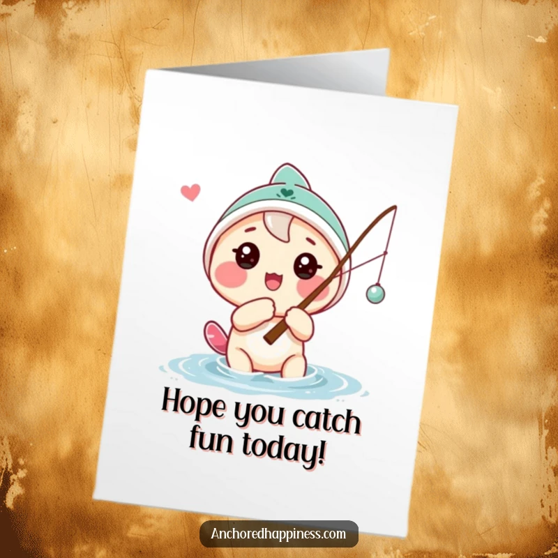 Funny free printable birthday card of a playful character casting a fishing line hopefully, aiming for a fantastic birthday catch.