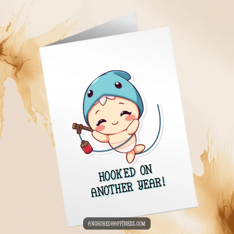 Funny Free Printable Birthday Card: A smiling character comically tangled in fishing line, ready to bring birthday cheer.