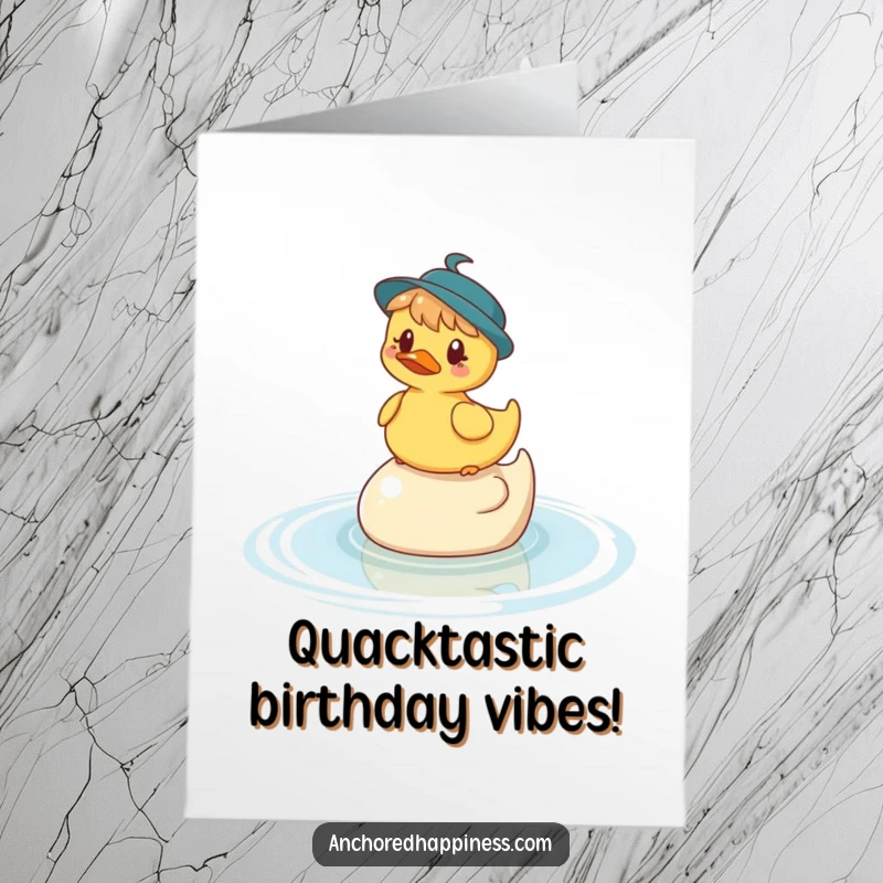 Funny Free Printable Birthday Card: Whimsical character balancing on a rubber ducky in water, celebrating with humor.