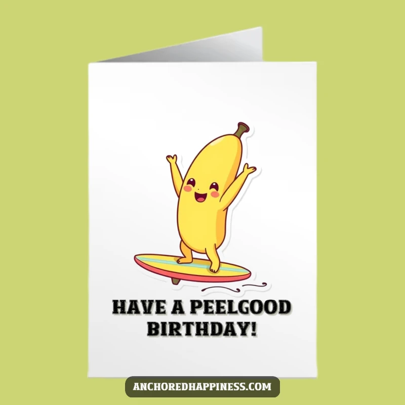 Funny Free Printable Birthday Card: Banana Handstand - Surfing Fruit Downloadable Gift