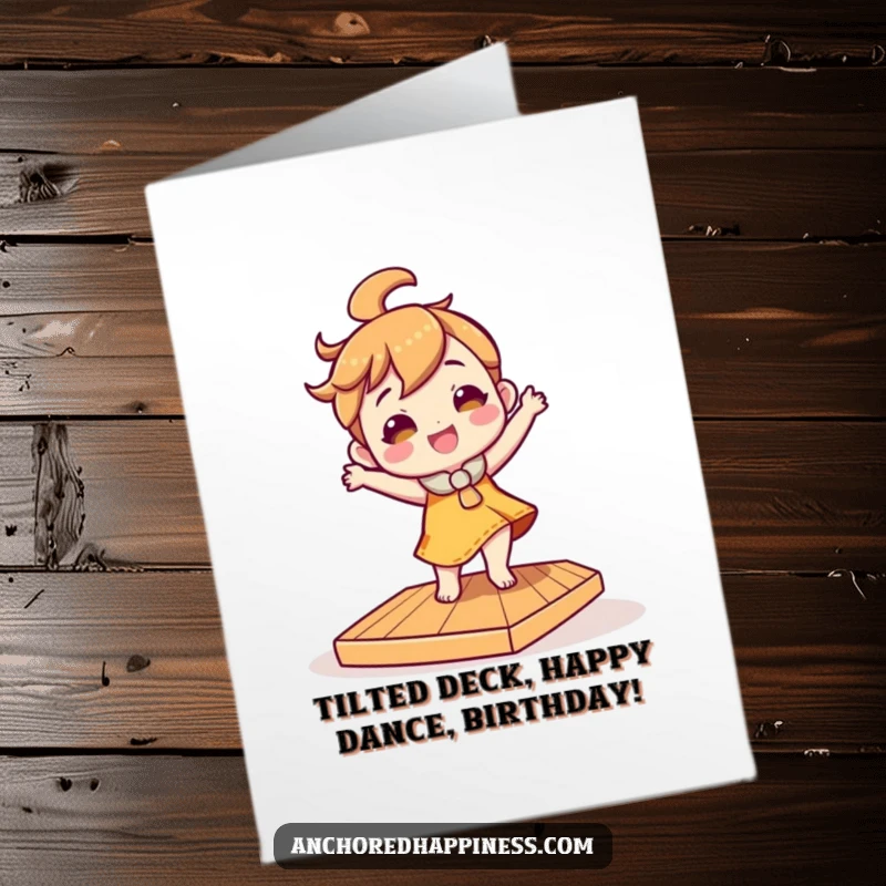 Funny Free Printable Birthday Card: Character doing a wild silly dance on a tilted deck, celebrating joyfully.