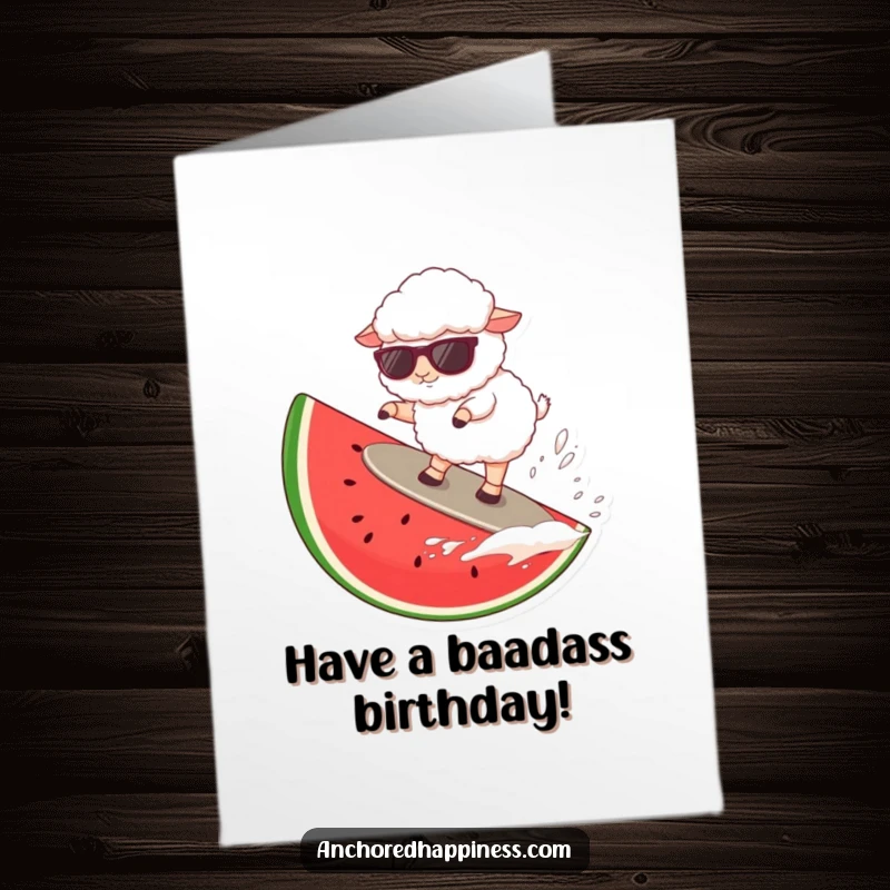 Funny Free Printable Birthday Card: Fluffy sheep in sunglasses surfing a giant watermelon slice. Cool and hilarious. DIY card.