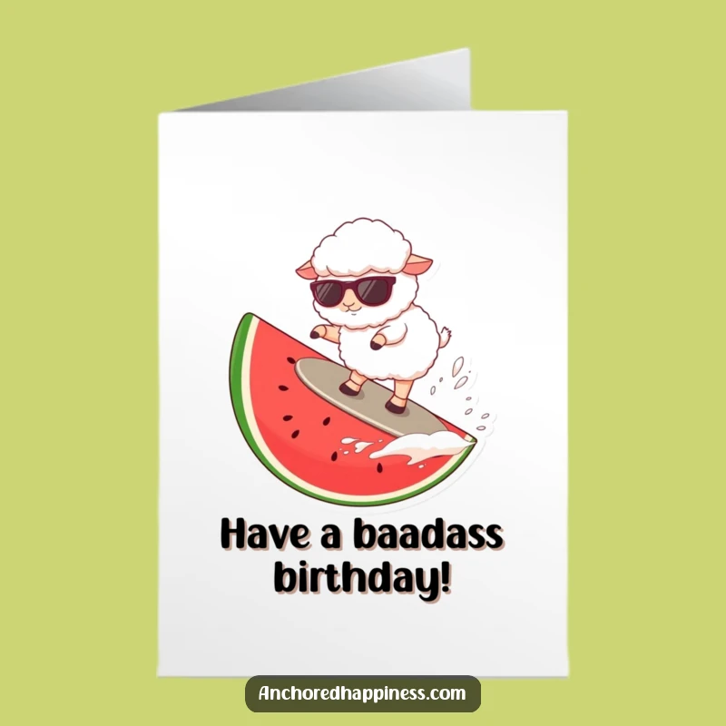 Funny Free Printable Birthday Card: Surfing Sheep - Watermelon Fun Downloadable Gift