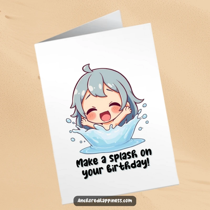 Funny Free Printable Birthday Card: Character gleefully splashing water, delighted expression, wet and wild celebration, downloadable.