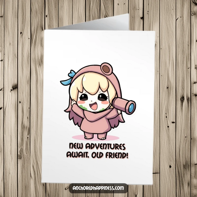 Funny Free Printable Birthday Card featuring a kawaii character joyfully spotting land with a spyglass, ready to celebrate.
