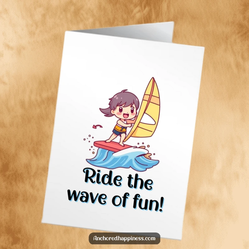 Funny Free Printable Birthday Card: Character joyfully windsurfing with glee on a small, vibrant, colorful wave.