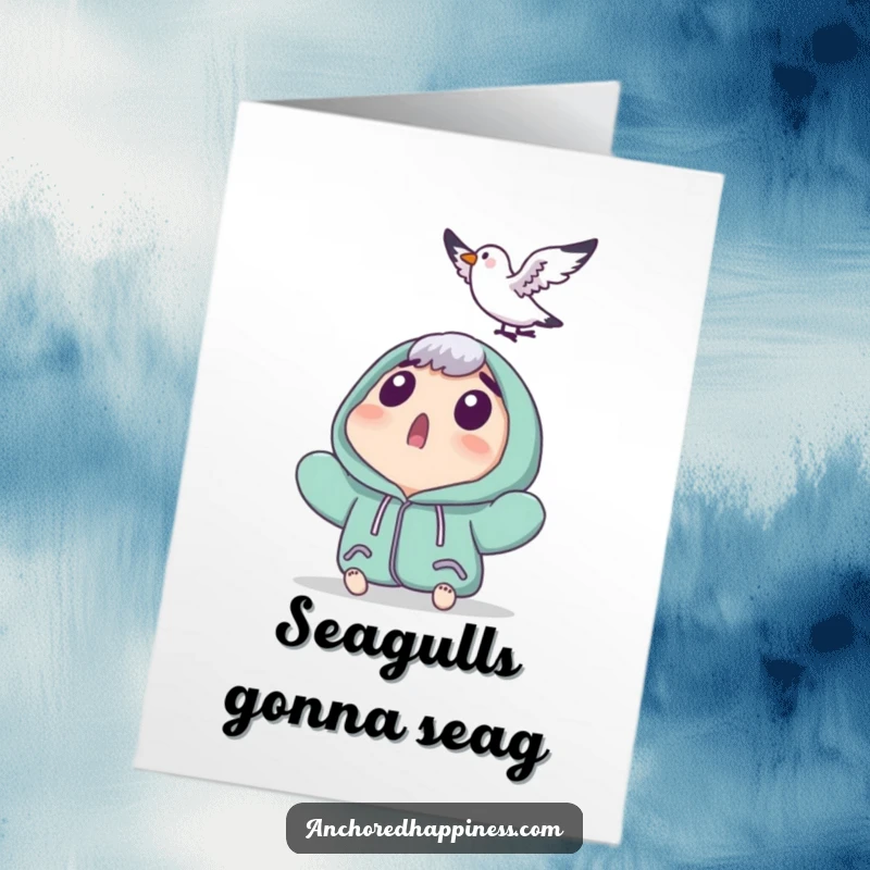 Funny Free Printable Birthday Card: Character surprised by a tiny seagull landing, perfect for a comical celebration.