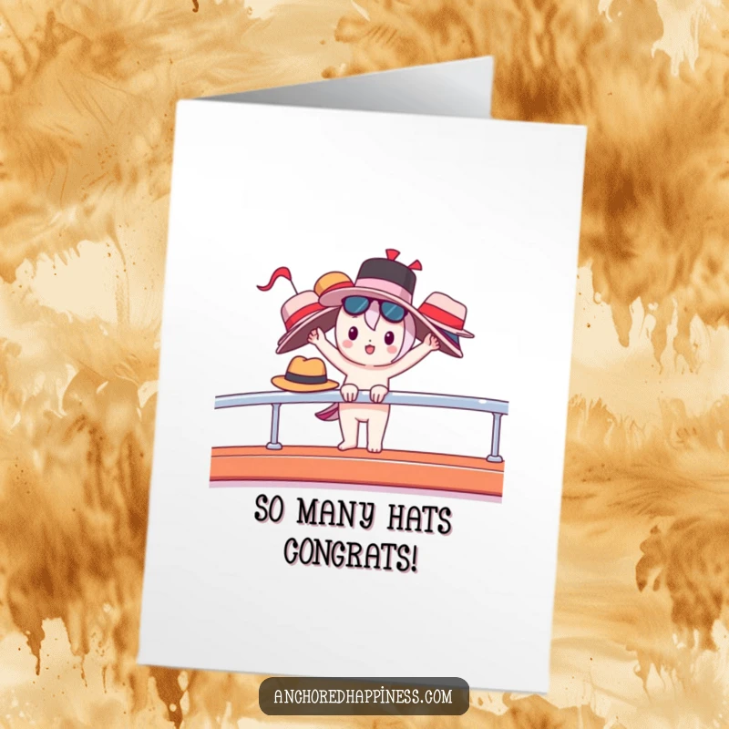 Funny Free Printable Birthday Card: Cute character balancing many hats on a yacht railing, ready for anything.
