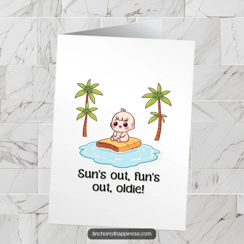 Funny Free Printable Birthday Card: Kawaii character relaxes on a raft, spreading sunshine and smiles for a DIY gift.