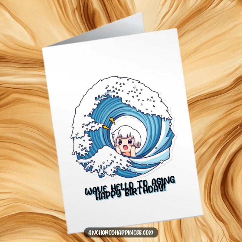 Funny Free Printable Birthday Card: Cute character looking shocked as a huge wave crashes nearby.
