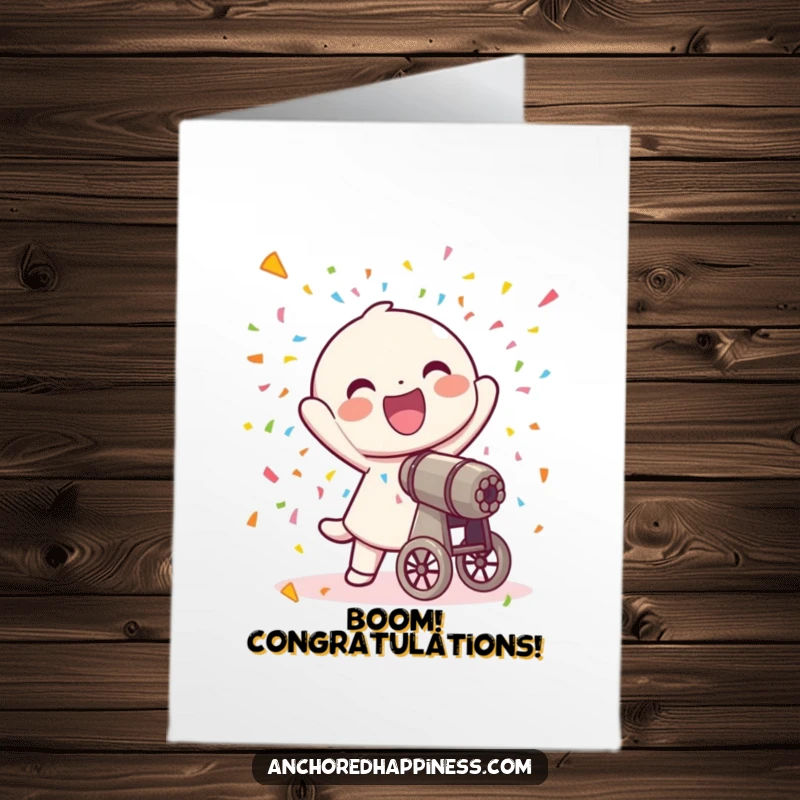 Funny Free Printable Congratulations Card: Joyful character fires colorful confetti from a small cannon, celebrating achievement.