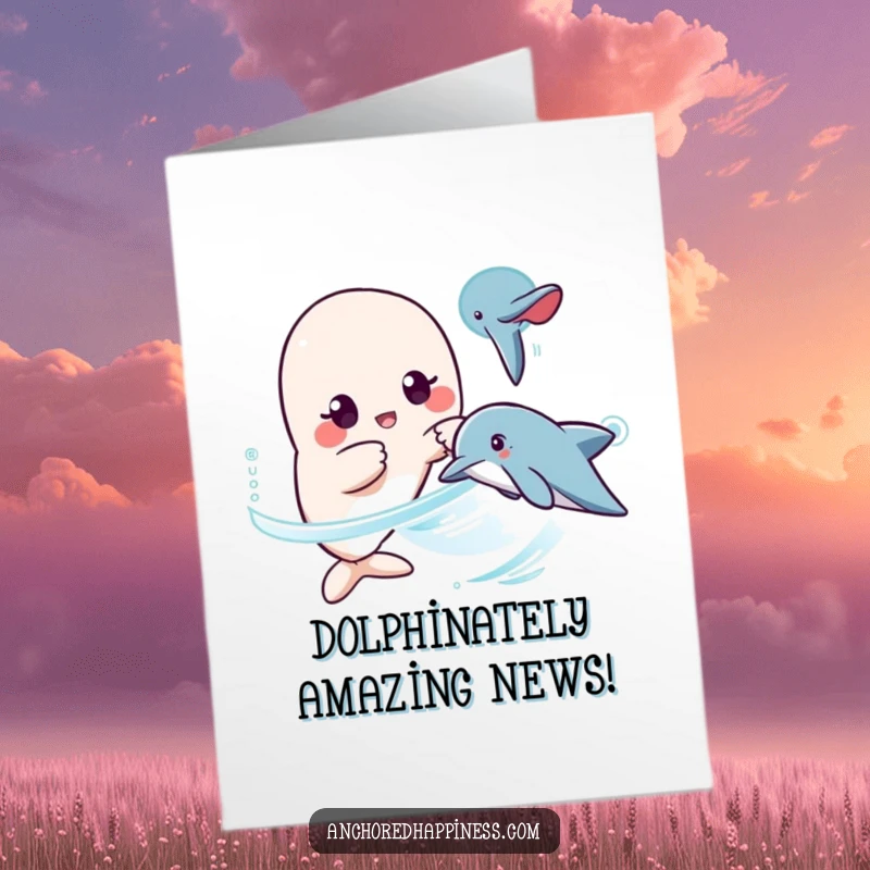 Funny Free Printable Congrats Card: surprised kawaii character spotting a dolphin, celebrating unexpected good news.