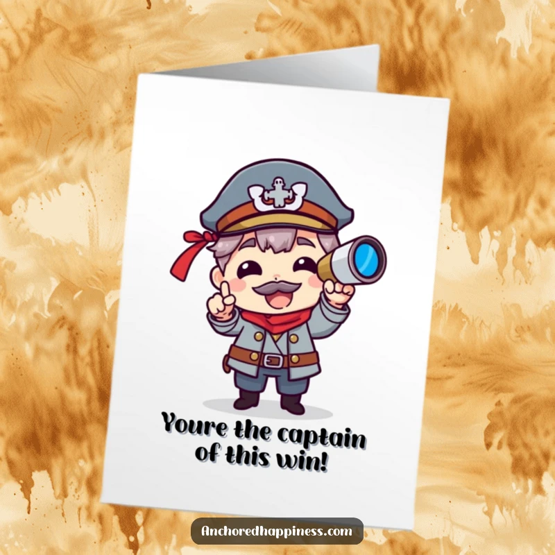 Funny Free Printable Congratulations Card: Captain Character proudly pointing spyglass, announcing your amazing accomplishment with nautical flair.