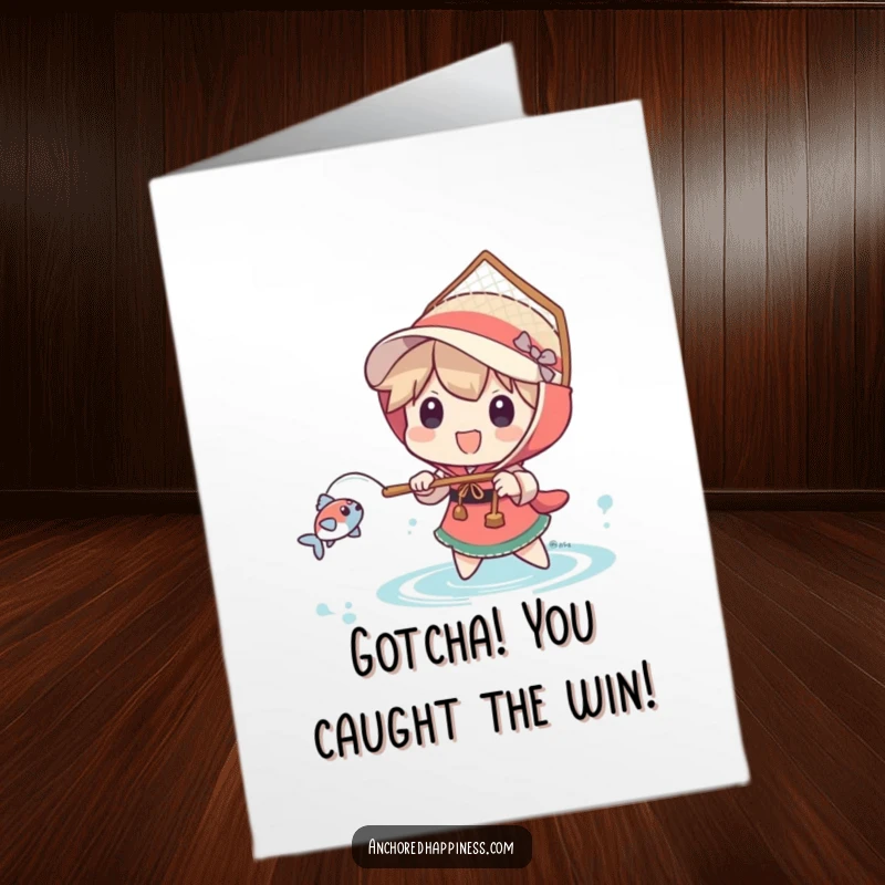 Funny Free Printable Congratulations Card: Character happily uses a comically large net to catch a small fish, a humorous win.