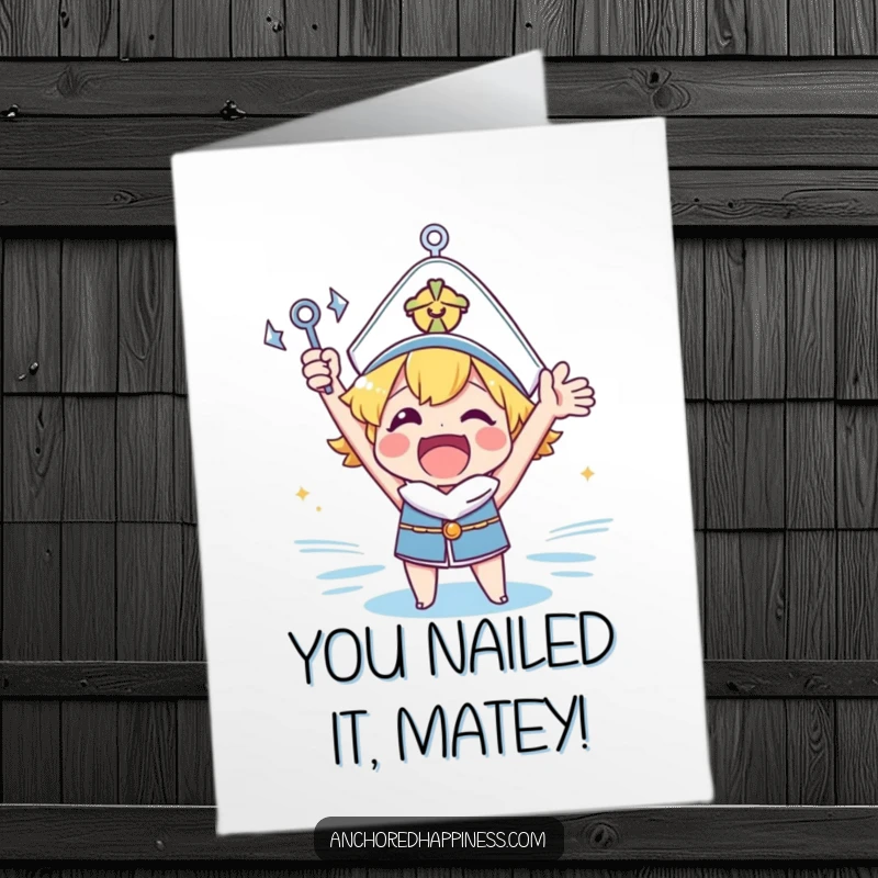 Funny Free Printable Congratulations Card: Cheerful character holding tiny anchor up high, celebrating a victory, unique downloadable.
