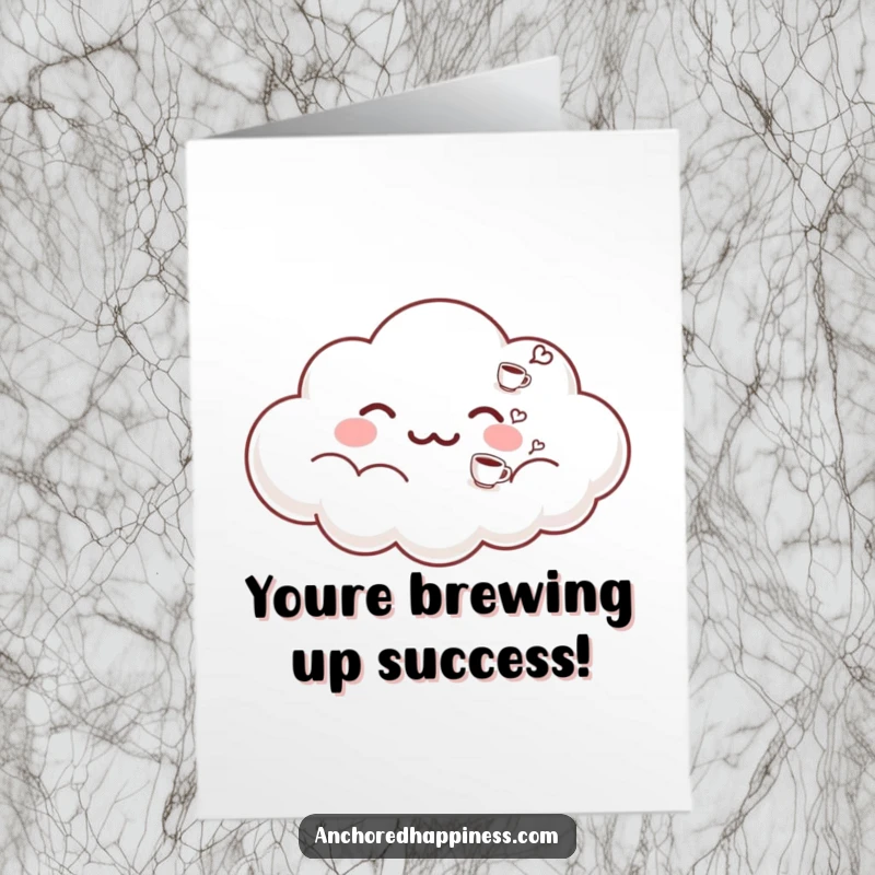 Funny Free Printable Congratulations Card: A smiling cloud exhaling tiny coffee cups, perfect for celebrating achievements, print at home.