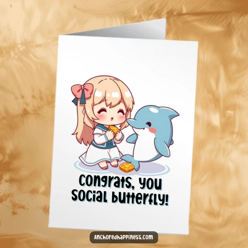 Free Printable Congratulations Card: A cute character and friendly dolphin share a snack, celebrating your awesome achievement.